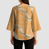 Aloha Pakalana and Puakenikeni Lei Kimono Sleeve Blouse Gold Hawaiian Pattern - Polynesian Pride