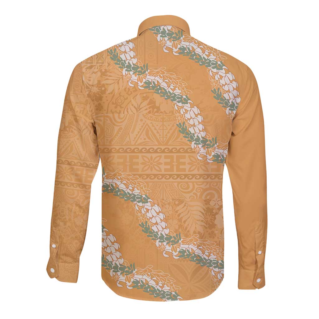 Aloha Pakalana and Puakenikeni Lei Long Sleeve Button Shirt Gold Hawaiian Pattern