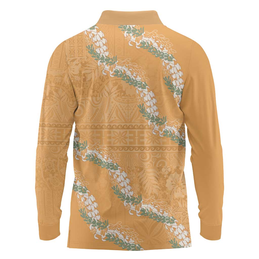Aloha Pakalana and Puakenikeni Lei Long Sleeve Polo Shirt Gold Hawaiian Pattern