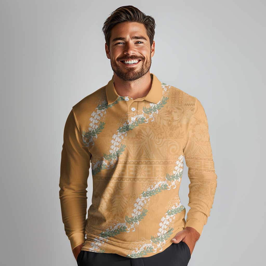Aloha Pakalana and Puakenikeni Lei Long Sleeve Polo Shirt Gold Hawaiian Pattern