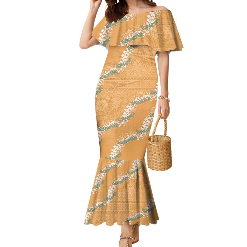 Aloha Pakalana and Puakenikeni Lei Mermaid Dress Gold Hawaiian Pattern