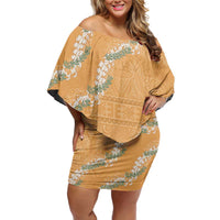 Aloha Pakalana and Puakenikeni Lei Off Shoulder Short Dress Gold Hawaiian Pattern