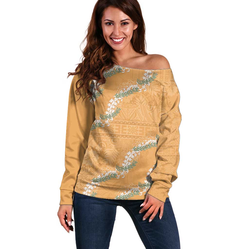 Aloha Pakalana and Puakenikeni Lei Off Shoulder Sweater Gold Hawaiian Pattern