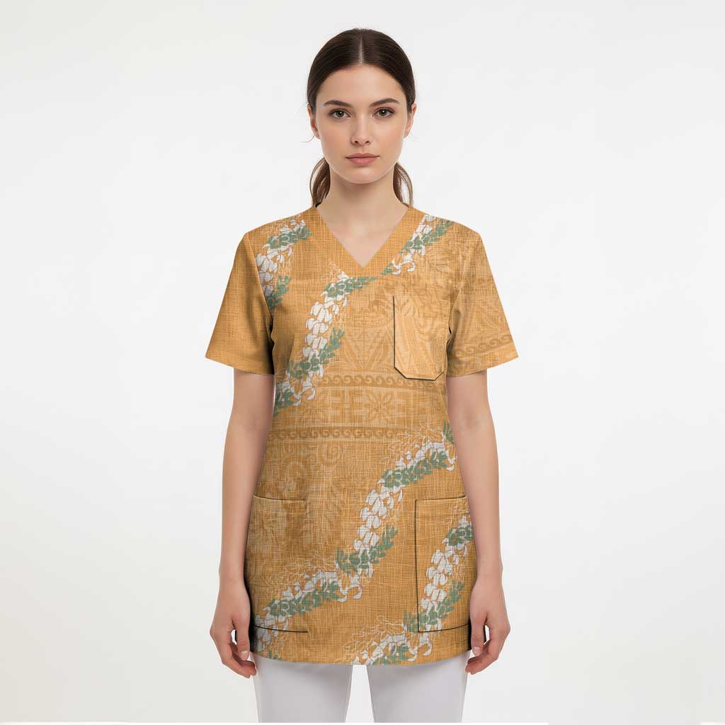 Aloha Pakalana and Puakenikeni Lei Scrub Top Gold Hawaiian Pattern - Polynesian Pride