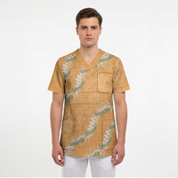 Aloha Pakalana and Puakenikeni Lei Scrub Top Gold Hawaiian Pattern - Polynesian Pride