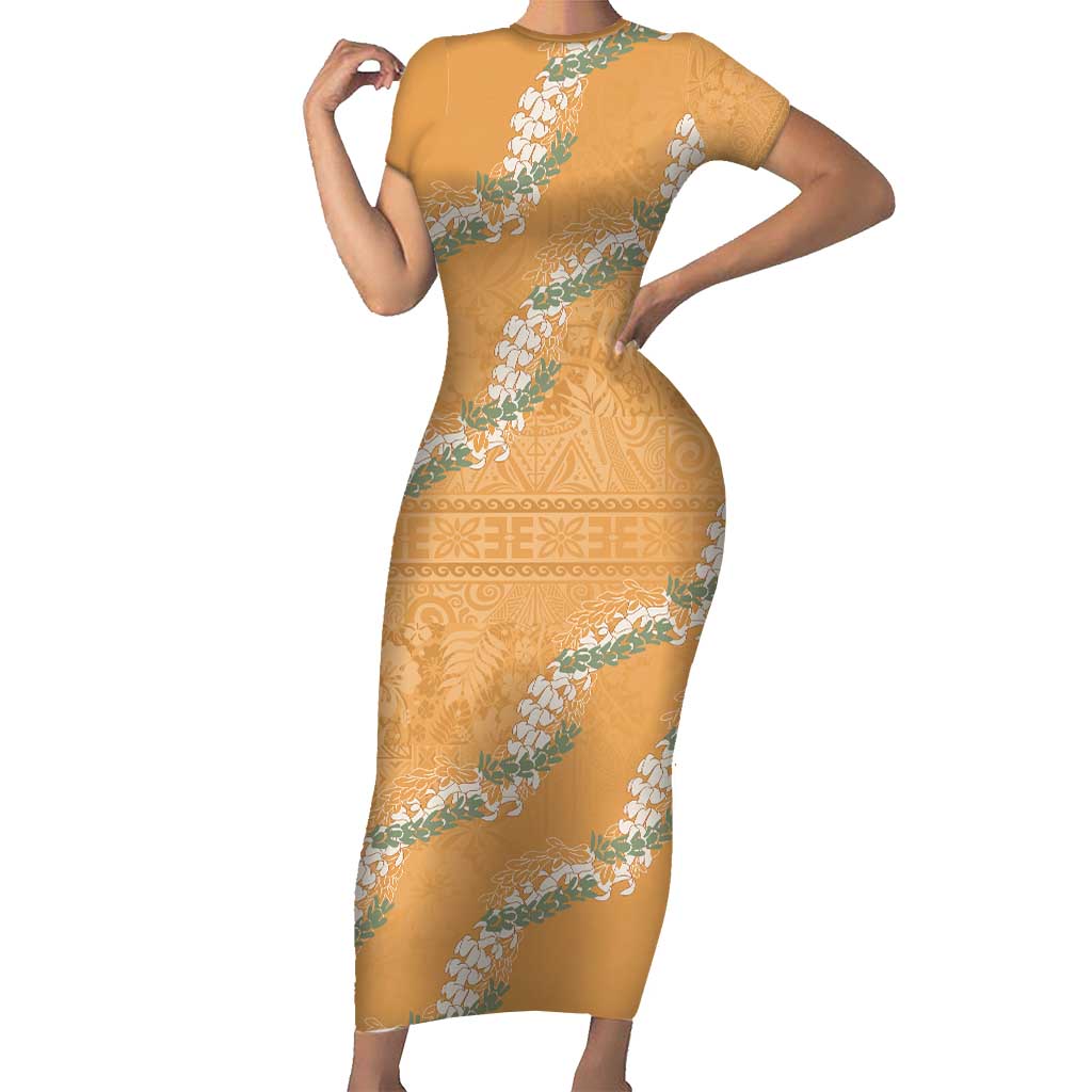 Aloha Pakalana and Puakenikeni Lei Short Sleeve Bodycon Dress Gold Hawaiian Pattern