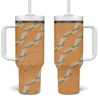 Aloha Pakalana and Puakenikeni Lei Tumbler With Handle Gold Hawaiian Pattern