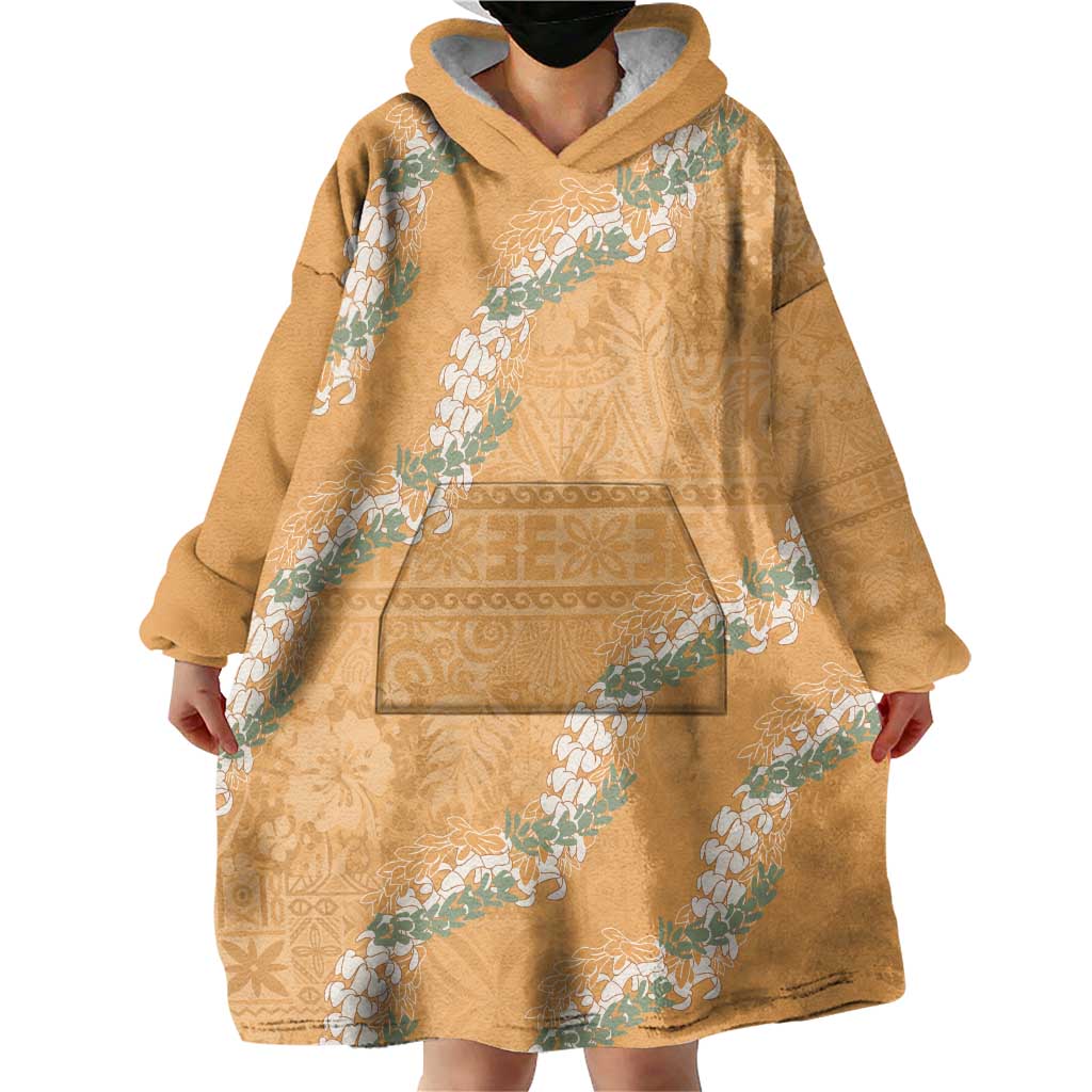 Aloha Pakalana and Puakenikeni Lei Wearable Blanket Hoodie Gold Hawaiian Pattern