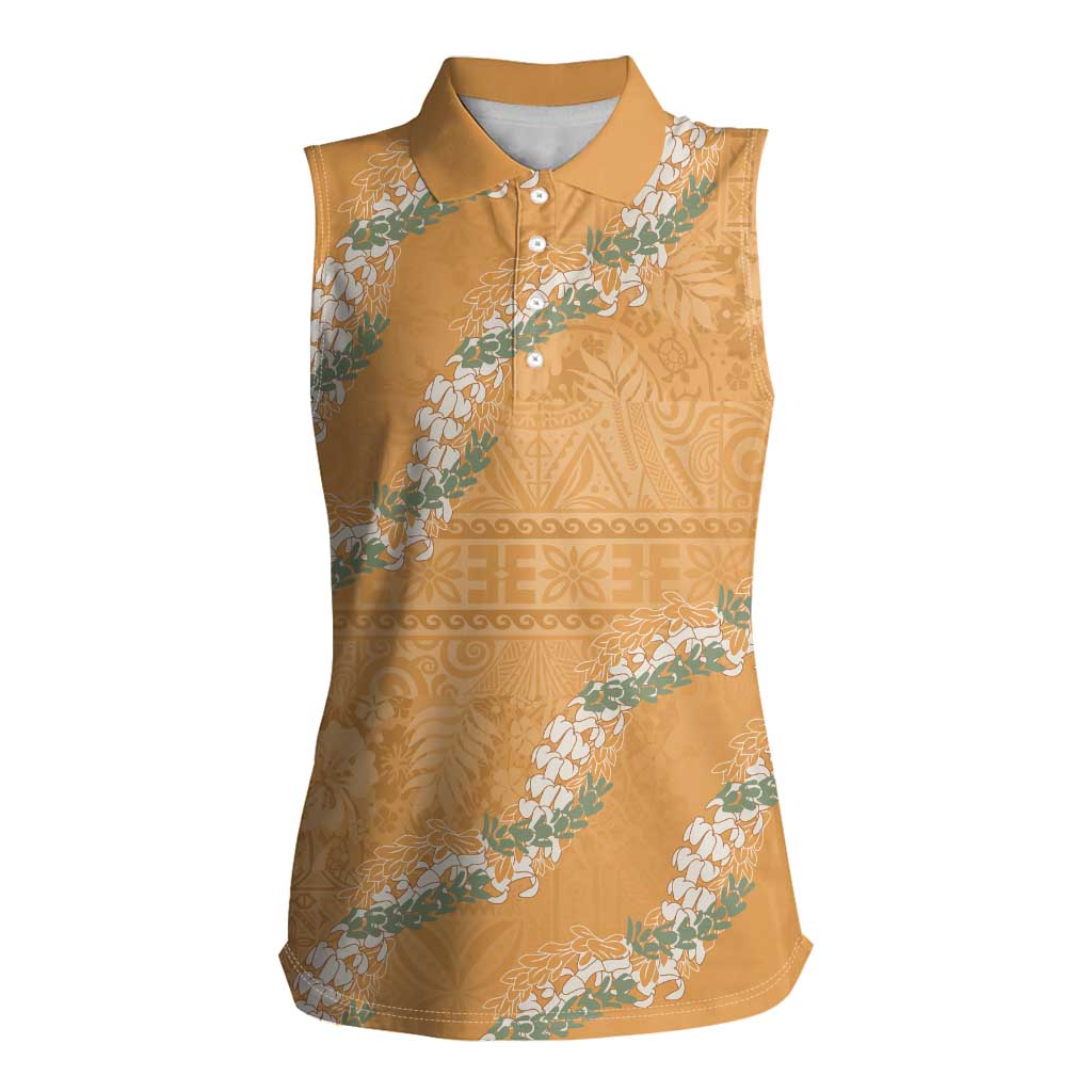 Aloha Pakalana and Puakenikeni Lei Women Sleeveless Polo Shirt Gold Hawaiian Pattern