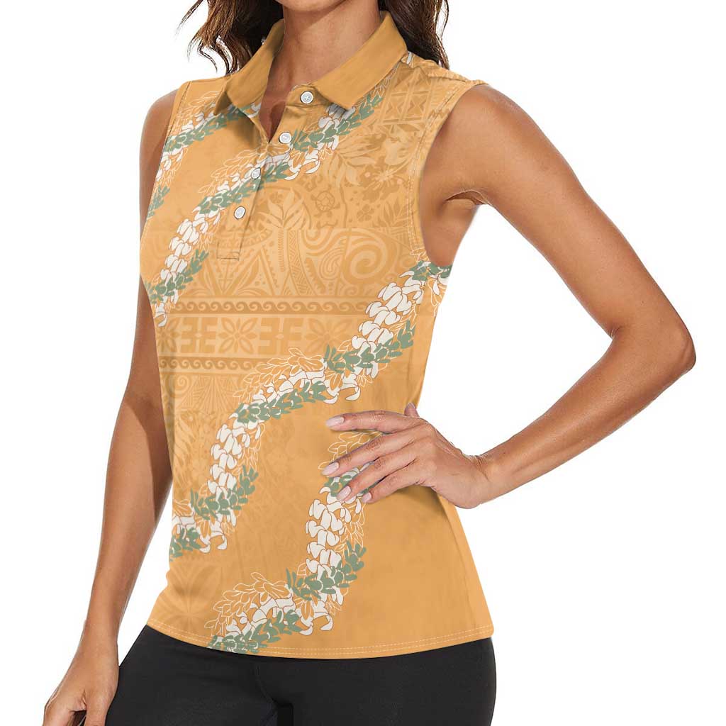 Aloha Pakalana and Puakenikeni Lei Women Sleeveless Polo Shirt Gold Hawaiian Pattern