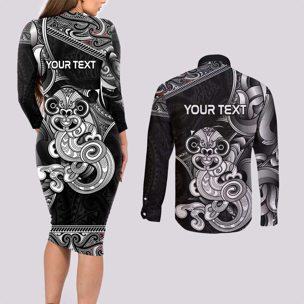 Personalised New Zealand Potae Pango Cricket Couples Matching Long Sleeve Bodycon Dress and Long Sleeve Button Shirt Special Maori Hei Tiki Tribal Tattoo