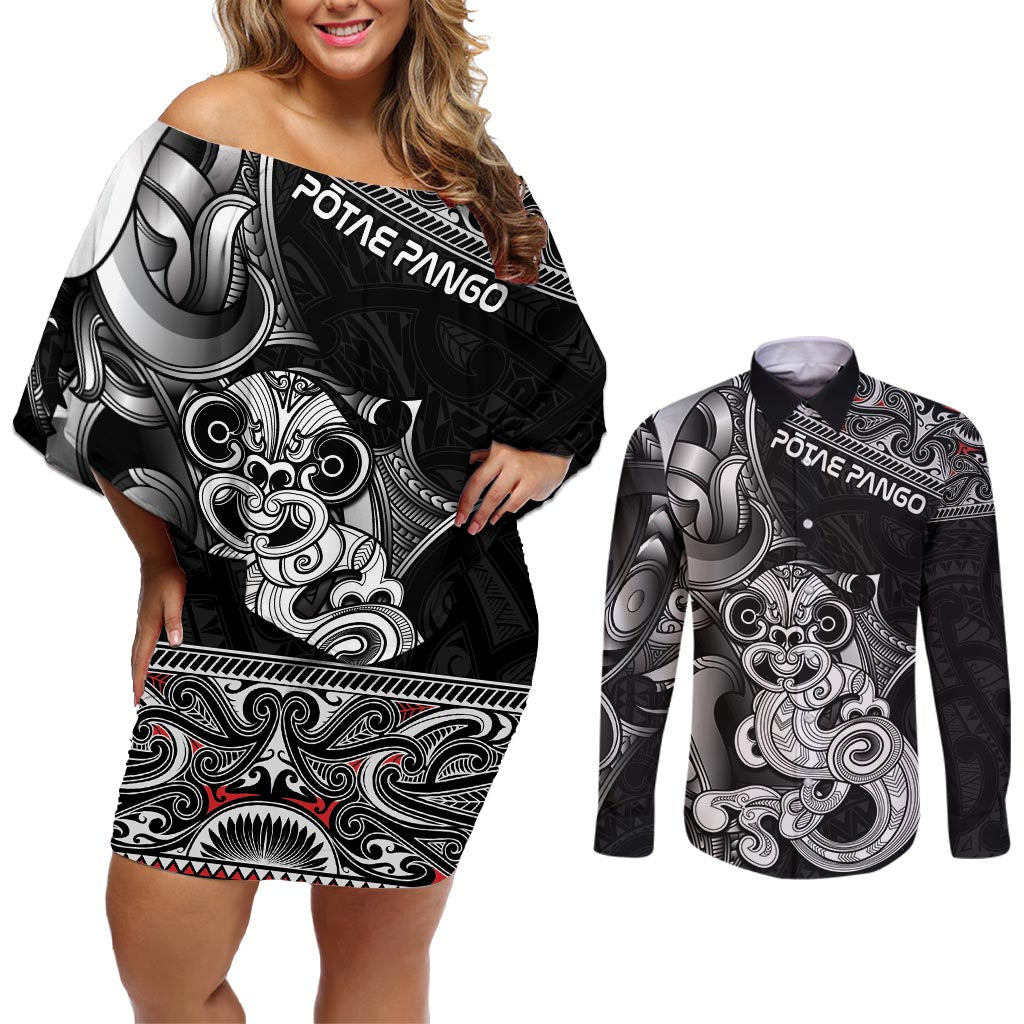 Personalised New Zealand Potae Pango Cricket Couples Matching Off Shoulder Short Dress and Long Sleeve Button Shirt Special Maori Hei Tiki Tribal Tattoo