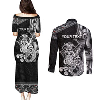 Personalised New Zealand Potae Pango Cricket Couples Matching Puletasi and Long Sleeve Button Shirt Special Maori Hei Tiki Tribal Tattoo