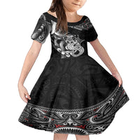 Personalised New Zealand Potae Pango Cricket Family Matching Long Sleeve Bodycon Dress and Hawaiian Shirt Special Maori Hei Tiki Tribal Tattoo LT9 Daughter's Dress Black - Polynesian Pride