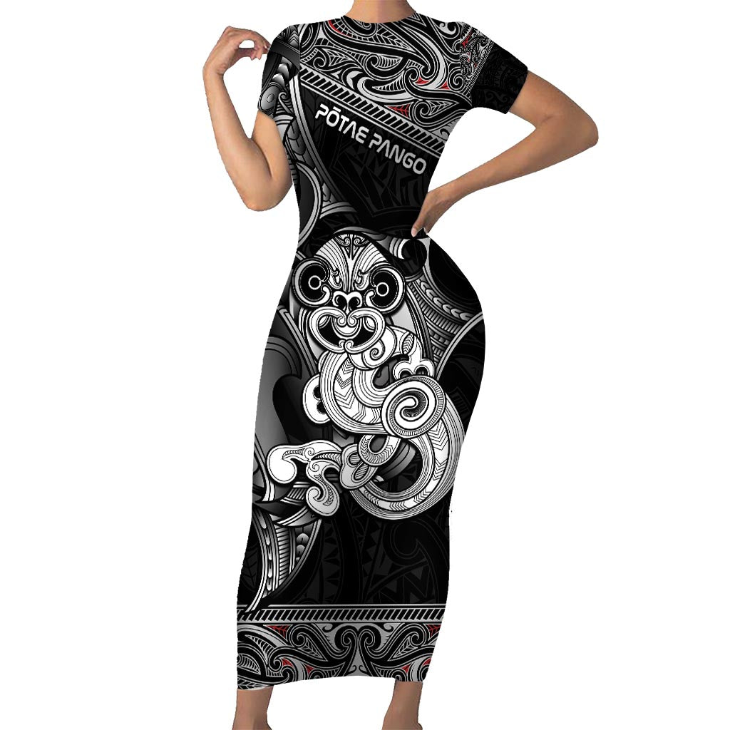 Personalised New Zealand Potae Pango Cricket Family Matching Short Sleeve Bodycon Dress and Hawaiian Shirt Special Maori Hei Tiki Tribal Tattoo LT9 Mom's Dress Black - Polynesian Pride