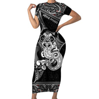 Personalised New Zealand Potae Pango Cricket Family Matching Short Sleeve Bodycon Dress and Hawaiian Shirt Special Maori Hei Tiki Tribal Tattoo LT9 Mom's Dress Black - Polynesian Pride