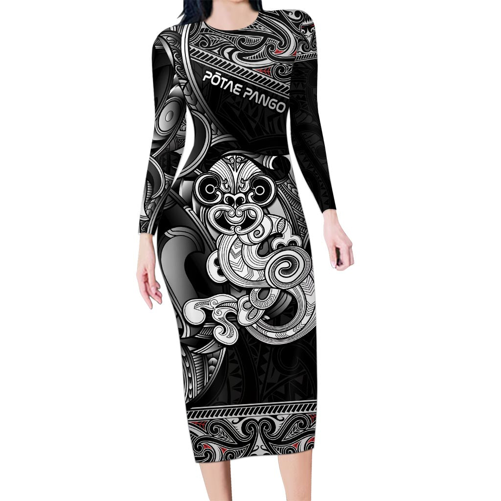 Personalised New Zealand Potae Pango Cricket Long Sleeve Bodycon Dress Special Maori Hei Tiki Tribal Tattoo LT9 Long Dress Black - Polynesian Pride