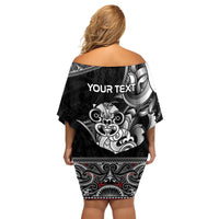Personalised New Zealand Potae Pango Cricket Off Shoulder Short Dress Special Maori Hei Tiki Tribal Tattoo LT9 - Polynesian Pride