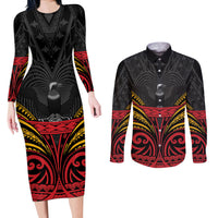 Custom Papua New Guinea Cricket Couples Matching Long Sleeve Bodycon Dress and Long Sleeve Button Shirt PNG Emblem Mix Polyneisan Pattern