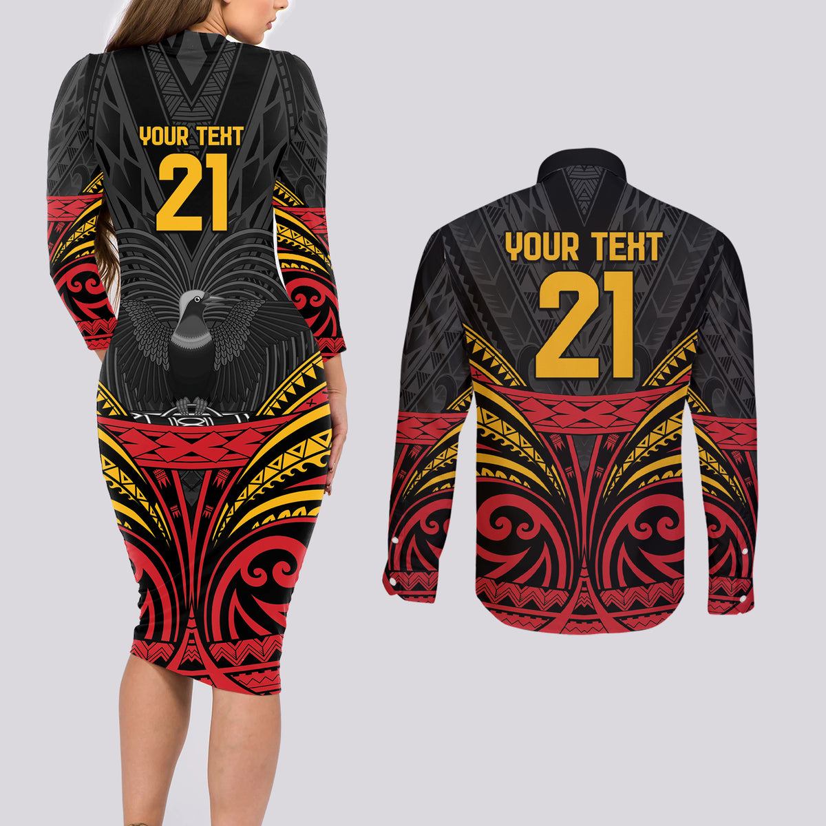 Custom Papua New Guinea Cricket Couples Matching Long Sleeve Bodycon Dress and Long Sleeve Button Shirt PNG Emblem Mix Polyneisan Pattern