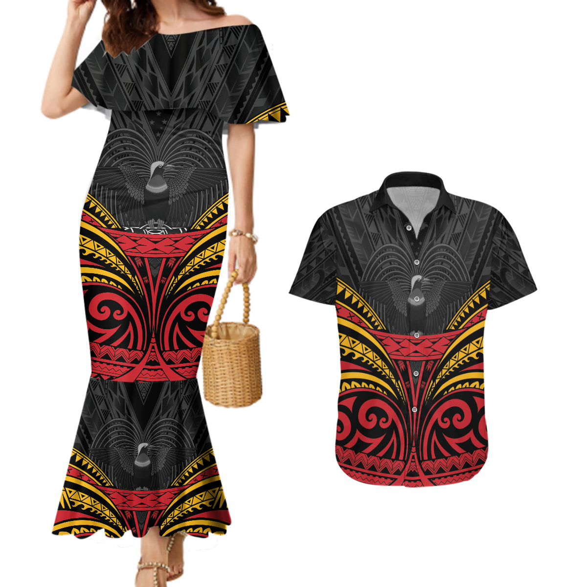 Custom Papua New Guinea Cricket Couples Matching Mermaid Dress and Hawaiian Shirt PNG Emblem Mix Polyneisan Pattern