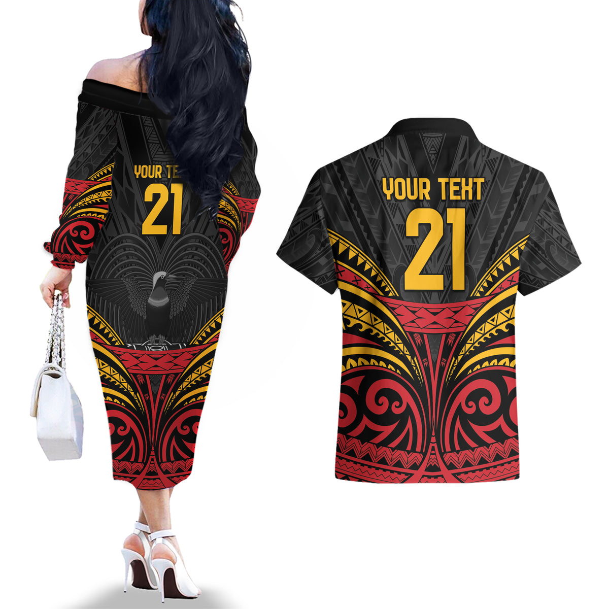Custom Papua New Guinea Cricket Couples Matching Off The Shoulder Long Sleeve Dress and Hawaiian Shirt PNG Emblem Mix Polyneisan Pattern