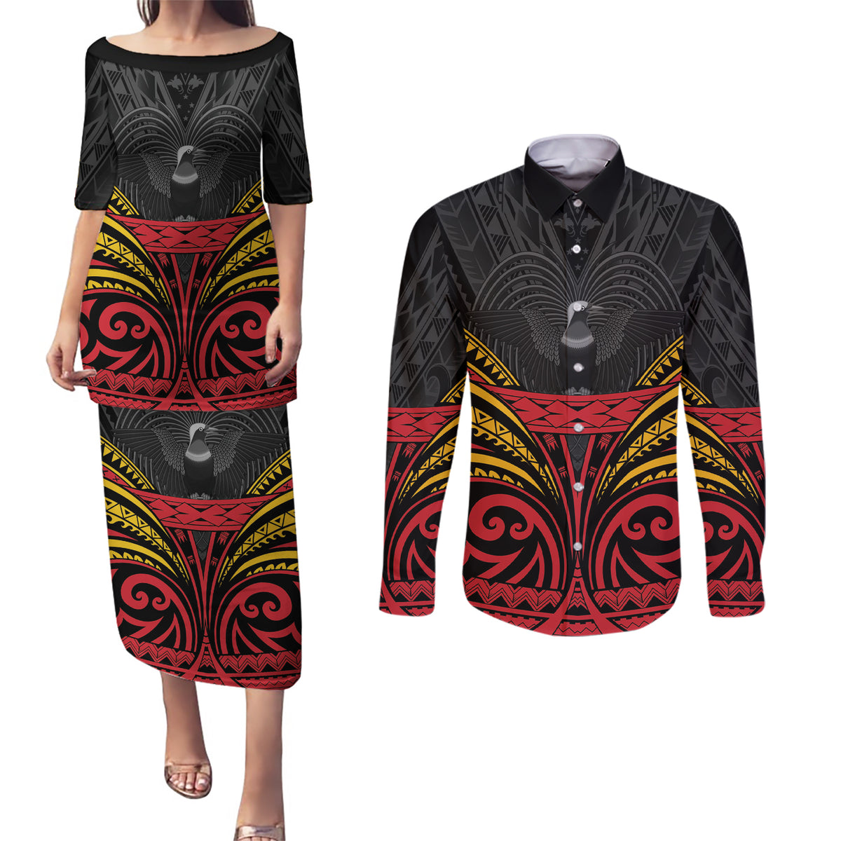 Custom Papua New Guinea Cricket Couples Matching Puletasi and Long Sleeve Button Shirt PNG Emblem Mix Polyneisan Pattern