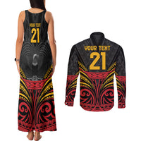 Custom Papua New Guinea Cricket Couples Matching Tank Maxi Dress and Long Sleeve Button Shirt PNG Emblem Mix Polyneisan Pattern