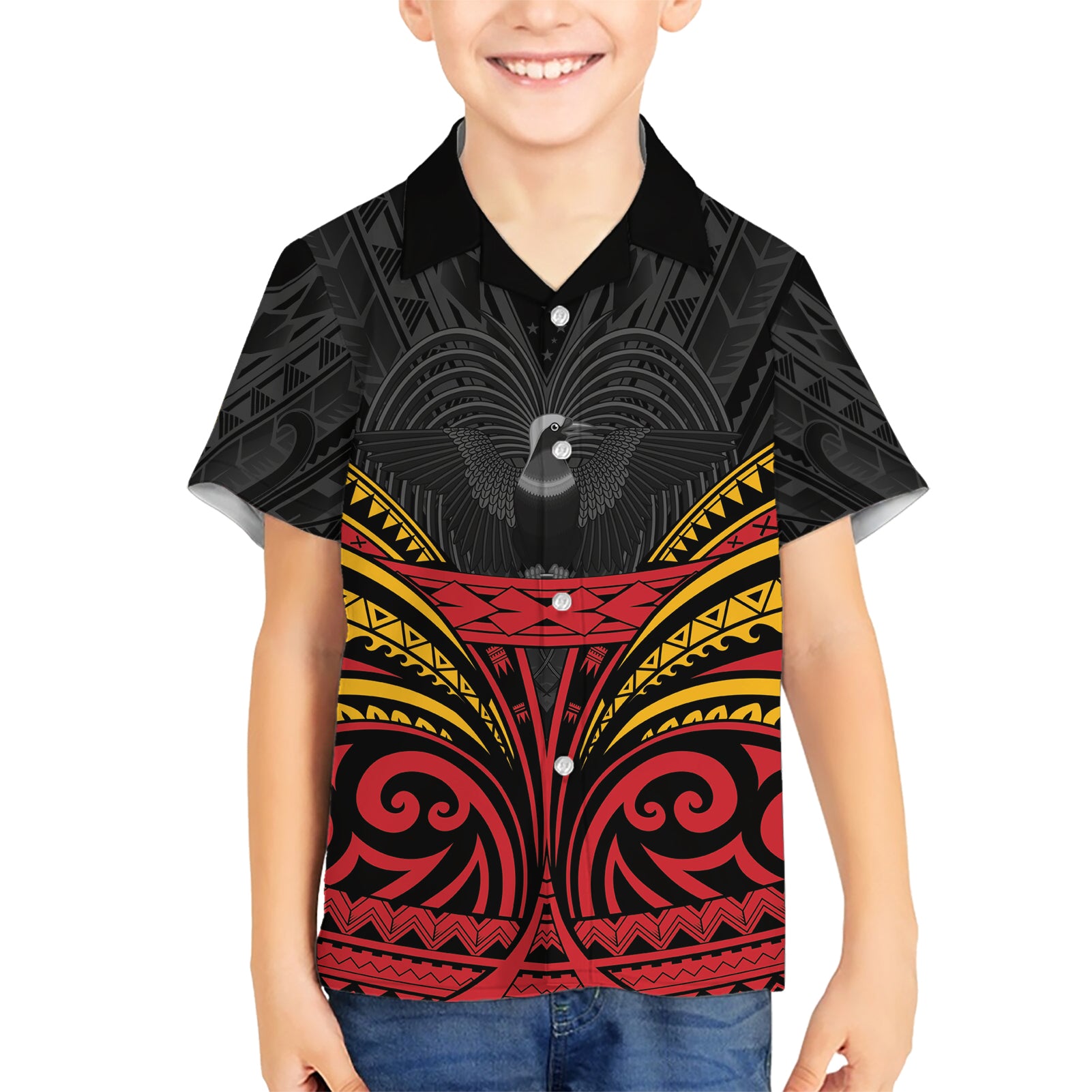 Custom Papua New Guinea Cricket Kid Hawaiian Shirt PNG Emblem Mix Polyneisan Pattern