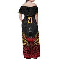Custom Papua New Guinea Cricket Off Shoulder Maxi Dress PNG Emblem Mix Polyneisan Pattern