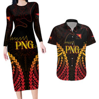 Custom Papua New Guinea Cricket Couples Matching Long Sleeve Bodycon Dress and Hawaiian Shirt Go Barramundis LT9 Black - Polynesian Pride