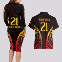 Custom Papua New Guinea Cricket Couples Matching Long Sleeve Bodycon Dress and Hawaiian Shirt Go Barramundis LT9 - Polynesian Pride