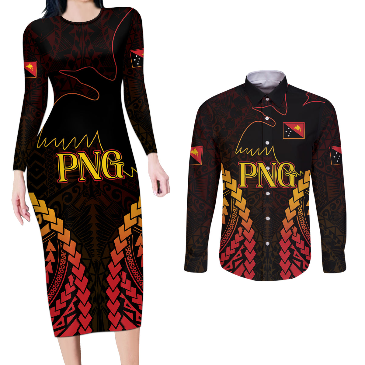 Custom Papua New Guinea Cricket Couples Matching Long Sleeve Bodycon Dress and Long Sleeve Button Shirt Go Barramundis
