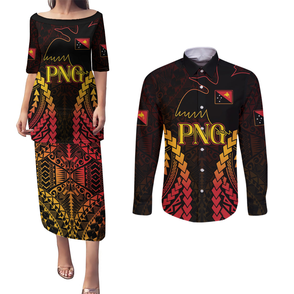 Custom Papua New Guinea Cricket Couples Matching Puletasi and Long Sleeve Button Shirt Go Barramundis