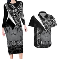 Custom Papua New Guinea Cricket Couples Matching Long Sleeve Bodycon Dress and Hawaiian Shirt Tribal Bird of Paradise Tattoo LT9 Black - Polynesian Pride