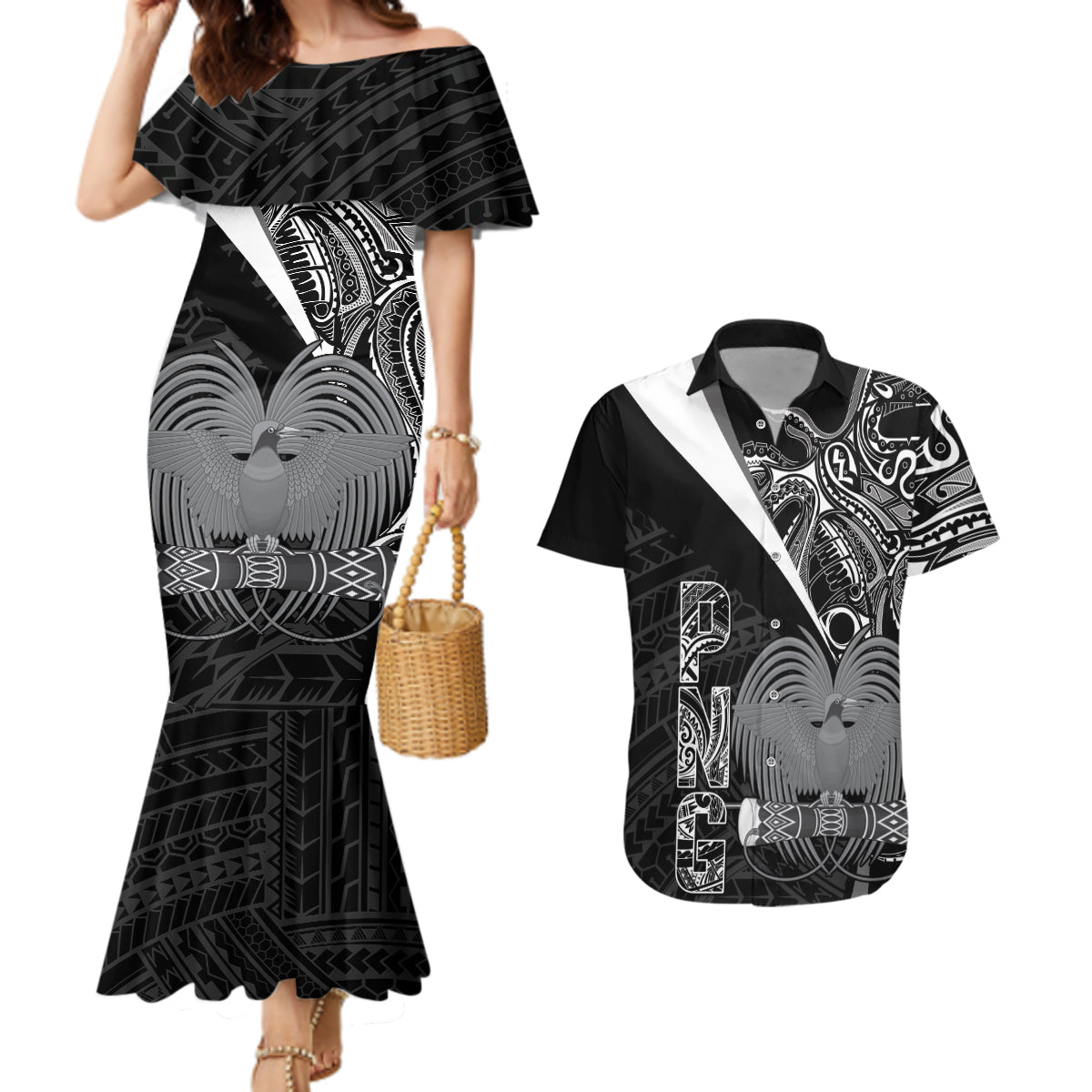 Custom Papua New Guinea Cricket Couples Matching Mermaid Dress and Hawaiian Shirt Tribal Bird of Paradise Tattoo
