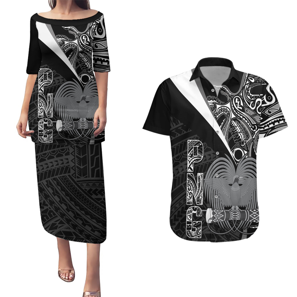 Custom Papua New Guinea Cricket Couples Matching Puletasi and Hawaiian Shirt Tribal Bird of Paradise Tattoo