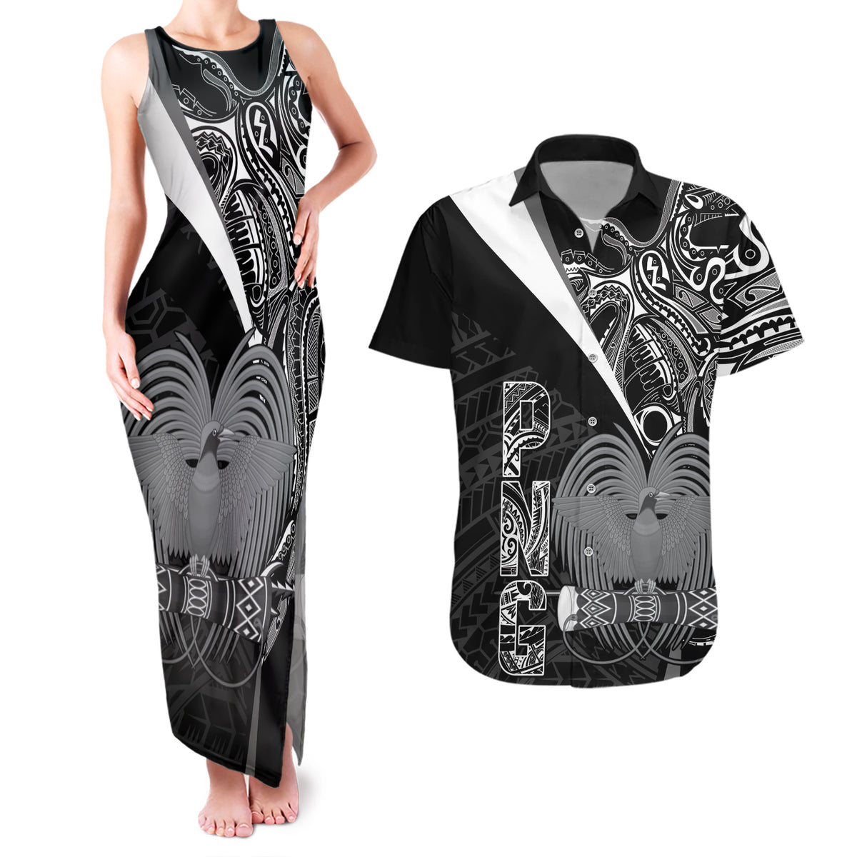 Custom Papua New Guinea Cricket Couples Matching Tank Maxi Dress and Hawaiian Shirt Tribal Bird of Paradise Tattoo