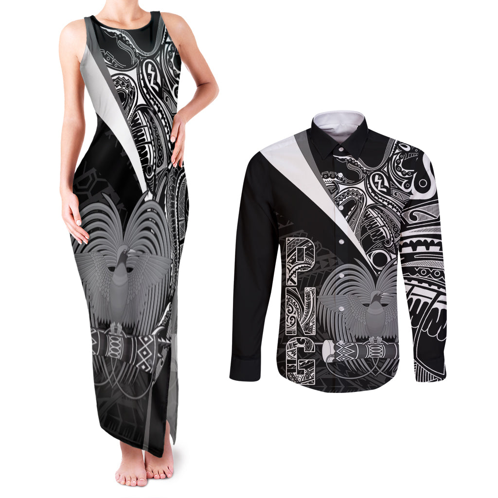 Custom Papua New Guinea Cricket Couples Matching Tank Maxi Dress and Long Sleeve Button Shirt Tribal Bird of Paradise Tattoo