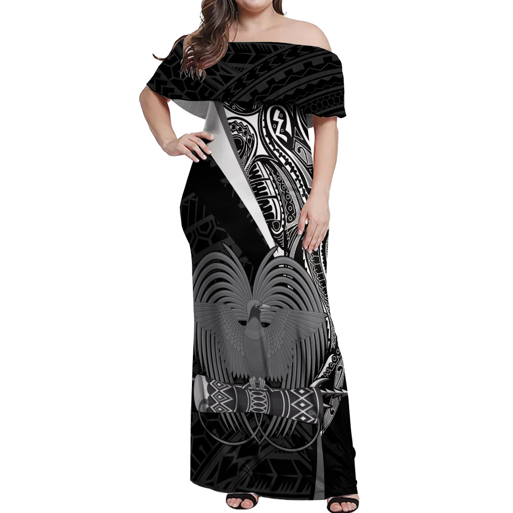 Custom Papua New Guinea Cricket Off Shoulder Maxi Dress Tribal Bird of Paradise Tattoo