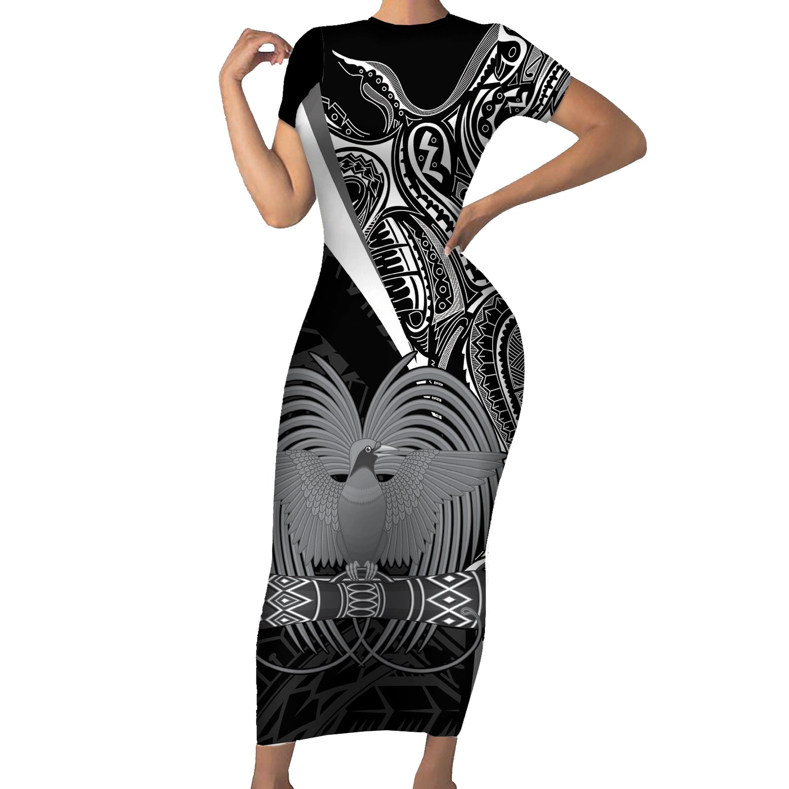 Custom Papua New Guinea Cricket Short Sleeve Bodycon Dress Tribal Bird of Paradise Tattoo