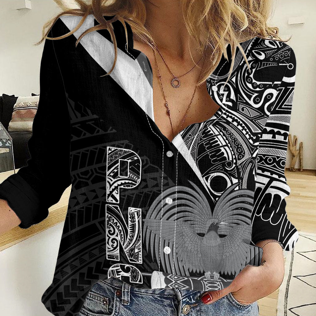 Custom Papua New Guinea Cricket Women Casual Shirt Tribal Bird of Paradise Tattoo LT9 Female Black - Polynesian Pride