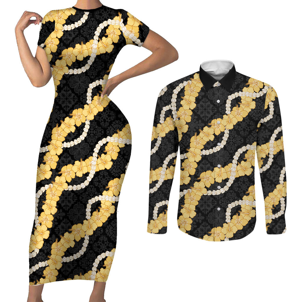 Aloha Melemele Hibiscus Pikake Lei Couples Matching Short Sleeve Bodycon Dress and Long Sleeve Button Shirt Hawaiian Quilt Pattern