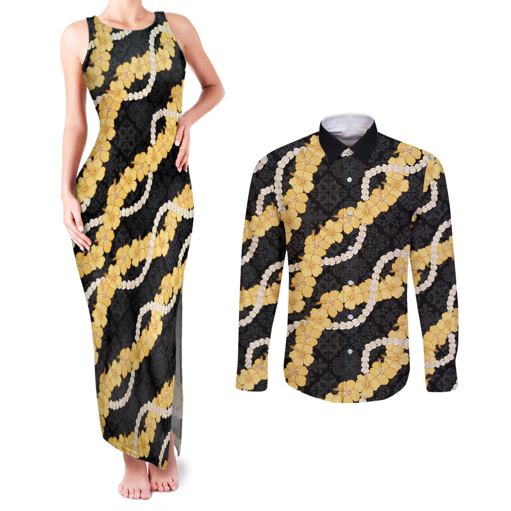 Aloha Melemele Hibiscus Pikake Lei Couples Matching Tank Maxi Dress and Long Sleeve Button Shirt Hawaiian Quilt Pattern