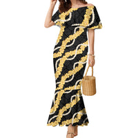 Aloha Melemele Hibiscus Pikake Lei Family Matching Mermaid Dress and Hawaiian Shirt Hawaiian Quilt Pattern LT9 Mom's Dress Black - Polynesian Pride