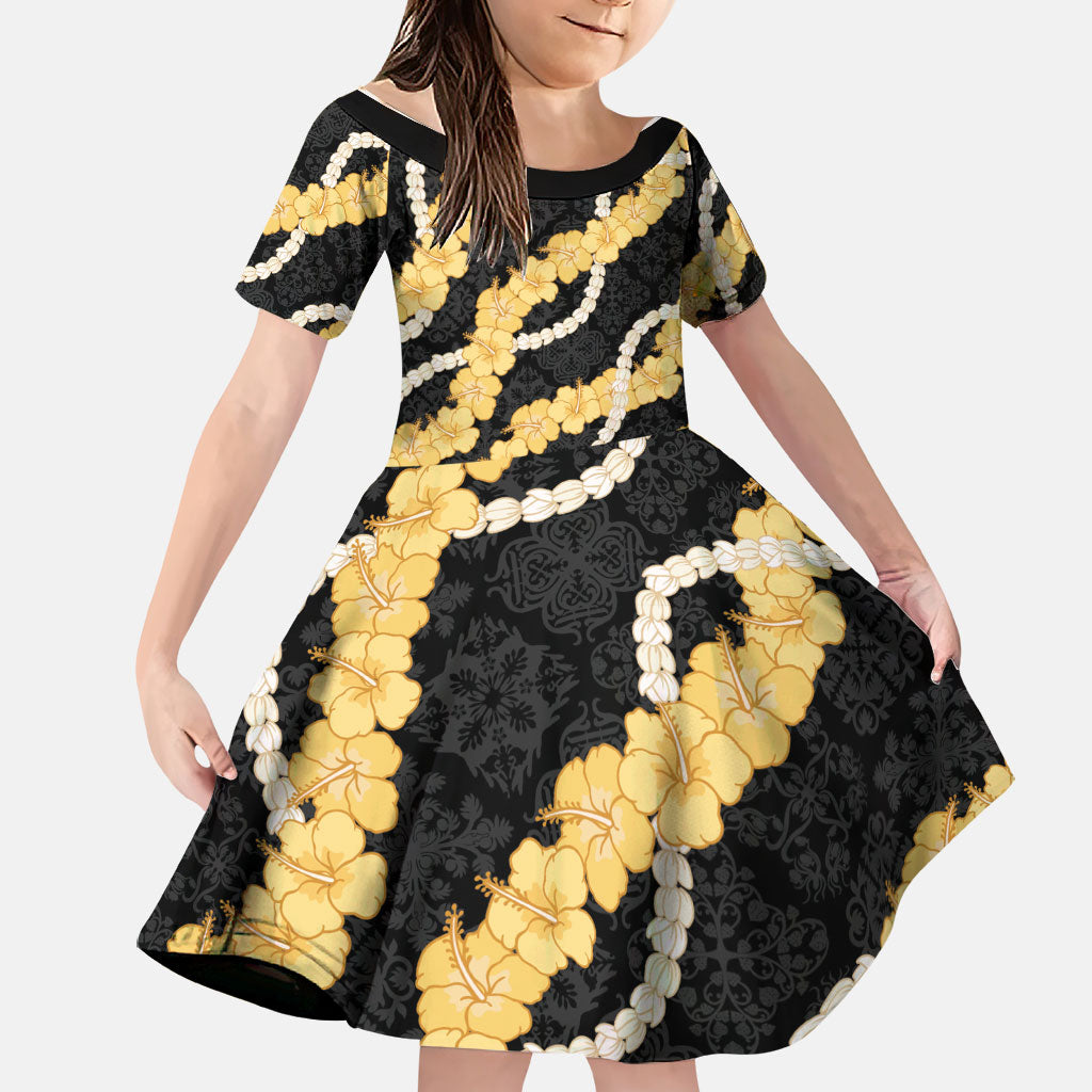 Aloha Melemele Hibiscus Pikake Lei Family Matching Short Sleeve Bodycon Dress and Hawaiian Shirt Hawaiian Quilt Pattern LT9 Daughter's Dress Black - Polynesian Pride