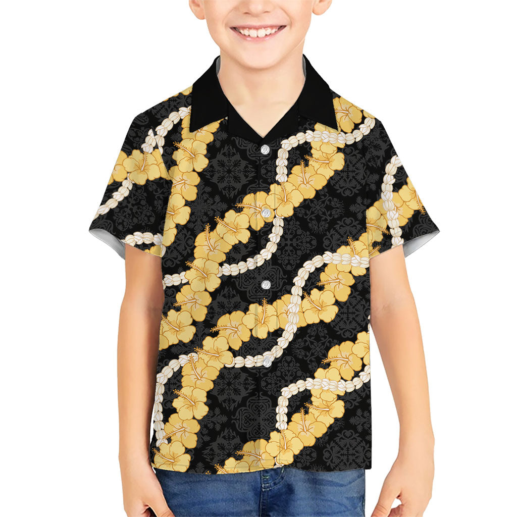 Aloha Melemele Hibiscus Pikake Lei Family Matching Short Sleeve Bodycon Dress and Hawaiian Shirt Hawaiian Quilt Pattern LT9 Son's Shirt Black - Polynesian Pride