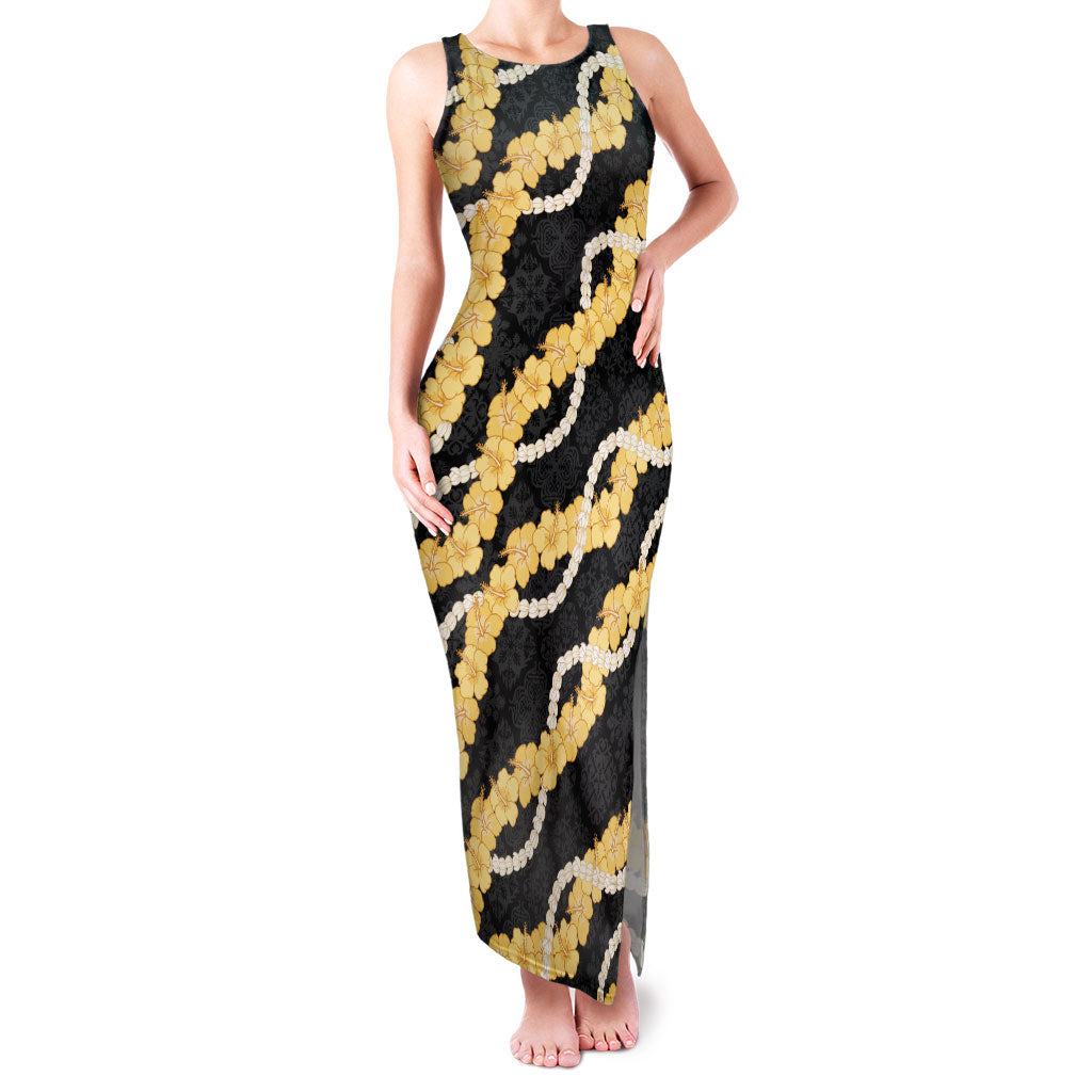 Aloha Melemele Hibiscus Pikake Lei Family Matching Tank Maxi Dress and Hawaiian Shirt Hawaiian Quilt Pattern LT9 Mom's Dress Black - Polynesian Pride