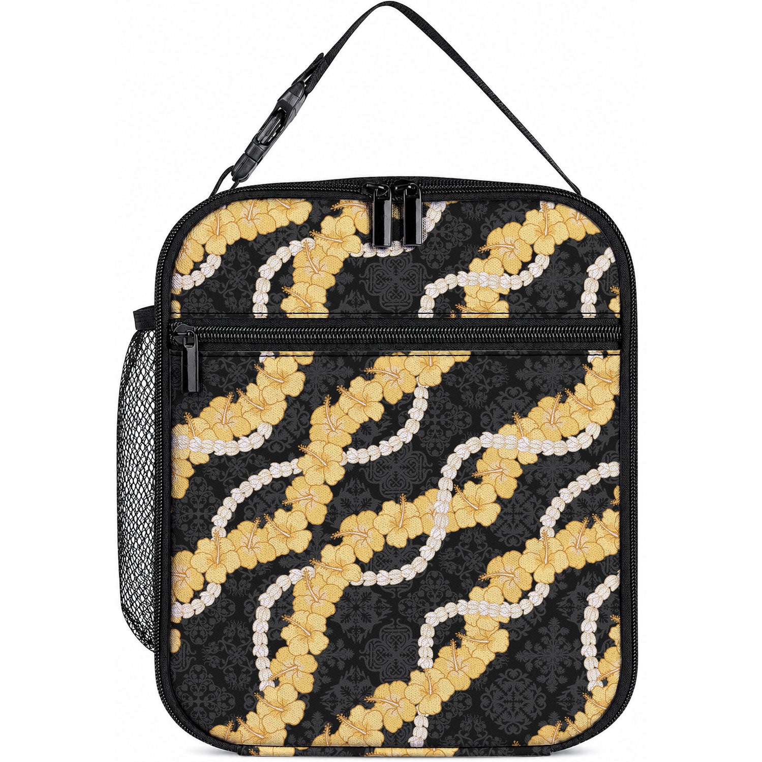 Aloha Melemele Hibiscus Pikake Lei Lunch Bag Hawaiian Quilt Pattern LT9 10.2 × 8.3 × 4.3 inch Black - Polynesian Pride