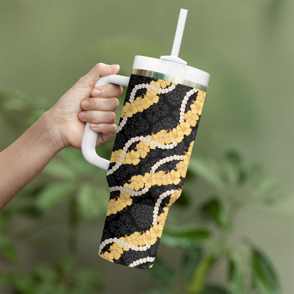 Aloha Melemele Hibiscus Pikake Lei Tumbler With Handle Hawaiian Quilt Pattern